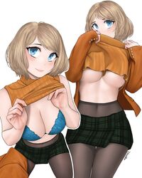  2girls absurdres ashley_graham black_pantyhose blue_bra blue_eyes bra breasts clothes_lift coat dismaiden dual_persona green_skirt highres large_breasts lifting_own_clothes light_brown_hair multiple_girls multiple_views no_bra orange_coat orange_sweater pantyhose resident_evil resident_evil_4 resident_evil_4_(remake) short_hair skirt sleeveless sleeveless_turtleneck sweater sweater_lift turtleneck turtleneck_sweater underboob underwear 