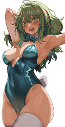  absurdres alternate_costume armpits arms_up boku_no_hero_academia breasts covered_navel fake_tail female green_eyes green_hair green_leotard hagakure_tooru highres leotard medium_breasts messy_hair multicolored_hair open_mouth pink_hair playboy_bunny rabbit_tail solo sweat tail thick_eyelashes thighhighs two-tone_hair unusually_visible white_thighhighs zd_(pixiv6210083) 