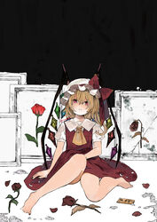  absurdres ascot bad_feet bare_legs barefoot blonde_hair collared_shirt crystal female flandre_scarlet flower full_body hat hat_ribbon highres medium_hair mob_cap multicolored_wings niseneko_(mofumofu_ga_ienai) on_floor one_side_up petals puffy_short_sleeves puffy_sleeves red_eyes red_flower red_ribbon red_rose red_skirt red_vest revision ribbon rose rose_petals shirt short_sleeves sitting skirt skirt_set solo thighs touhou vest white_hat white_shirt wings withered yellow_ascot 