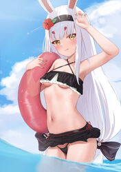  animal_ears arm_up armpits azur_lane bikini bikini_skirt black_bikini black_skirt blue_sky blush breasts brown_eyes closed_mouth cloud cowboy_shot female flower hair_flower hair_ornament hairband hibiscus highres holding holding_swim_ring innertube long_hair looking_at_viewer low-tied_long_hair lowleg lowleg_bikini microskirt navel neruki_(ntme) outdoors rabbit_ears rabbit_girl ribbon shimakaze_(azur_lane) shimakaze_(the_island_wind_rests)_(azur_lane) skirt sky small_breasts smile solo stomach swim_ring swimsuit thighs underboob very_long_hair wading water white_hair 