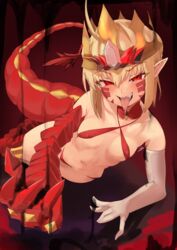  absurdres ahoge bikini blonde_hair blush braid breasts collarbone covered_nipples criss-cross_halter crown dragon_claw dragon_tail elbow_gloves facial_mark fangs fate/grand_order fate_(series) female french_braid gloves gold_crown hair_bun hair_intakes halterneck highres kasumi_saika long_hair looking_at_viewer lying micro_bikini naughty_face navel nero_claudius_(fate) open_mouth petite pointed_crown pointy_ears queen_draco_(fate) queen_draco_(second_ascension)_(fate) red_bikini red_eyes saliva saliva_drip single_glove small_breasts smile solo swimsuit tail thighs tongue tongue_out white_gloves 