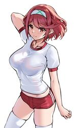  alternate_costume arm_behind_head arm_up blush breasts closed_mouth collarbone commentary earrings female gym_shirt gym_shorts gym_uniform hairband jewelry matrix16 medium_breasts midriff_peek puffy_short_sleeves puffy_sleeves pyra_(xenoblade) red_eyes red_hair red_shorts shirt short_shorts short_sleeves shorts simple_background skindentation smile solo thighhighs white_background white_hairband white_shirt white_thighhighs xenoblade_chronicles_(series) xenoblade_chronicles_2 