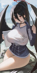  absurdres black_c_(net_dust) black_choker black_hair black_wings blue_archive blue_jacket breasts choker clipboard closed_mouth crossed_legs female gym_uniform halo hasumi_(blue_archive) hasumi_(track)_(blue_archive) high_ponytail highres holding holding_clipboard huge_breasts jacket large_breasts long_hair mole mole_under_eye official_alternate_costume ponytail red_eyes shirt sitting solo thighs track_jacket very_long_hair wings 