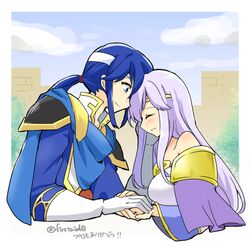  1boy bare_shoulders blue_cape blue_eyes breasts brother_and_sister cape circlet closed_eyes commentary_request female fire_emblem fire_emblem:_genealogy_of_the_holy_war gloves headband holding holding_hands implied_incest jewelry julia_(fire_emblem) leaning_forward long_hair open_mouth outdoors ponytail purple_cape purple_hair seliph_(fire_emblem) siblings white_gloves white_headband yukia_(firstaid0) 