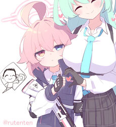  2girls :t ^_^ ahoge aqua_necktie armband beretta_1301 black_armband black_gloves black_skirt blue_archive blush breast_rest breasts breasts_on_head bulletproof_vest chest_harness closed_eyes doodle_sensei_(blue_archive) expressionless fingerless_gloves gloves green_hair gun hair_intakes halo harness heart heart_hands_failure height_difference heterochromia highres hoshino_(blue_archive) hoshino_(young)_(blue_archive) huge_ahoge large_breasts looking_at_viewer multiple_girls necktie pink_hair plaid plaid_skirt pleated_skirt ruten_(onakasukusuku) sensei_(blue_archive) shirt shotgun simple_background skirt smile spoken_expression thumbs_up twitter_username weapon white_background white_shirt yume_(blue_archive) 