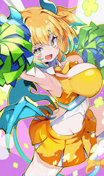  +_+ armpits blonde_hair blue_eyes blush bombergirl breasts cheerleader cleavage clover clover-shaped_pupils colored_tips commentary_request demon_girl demon_horns demon_tail demon_wings female fuse fuse_tail hair_intakes highres horns large_breasts looking_at_viewer low_wings midriff multicolored_hair necktie omochishiki open_mouth oppai_loli pine_(bombergirl) pleated_skirt pom_pom_(cheerleading) ribbon short_hair skirt sleeveless solo symbol-shaped_pupils tail tail_ornament tail_ribbon twintails two-tone_hair wings yellow_pupils 