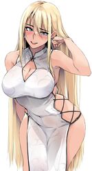  arm_behind_back blonde_hair blue_eyes blush breasts china_dress chinese_clothes cleavage cleavage_cutout clothing_cutout dress earrings female hand_in_own_hair highres jewelry large_breasts long_hair looking_at_viewer open_mouth original pelvic_curtain pointy_ears side_slit simple_background sleeveless sleeveless_dress solo very_long_hair white_background white_dress zekkyon 