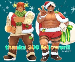  2boys :q abs absurdres akiha_gongen_(housamo) alternate_costume animal_ears bandaid bandaid_on_face bandaid_on_nose bara bare_pectorals bell black_footwear black_socks bow brown_eyes brown_hair brown_pants capelet checkered_clothes checkered_scarf christmas clenched_hand closed_eyes cow_boy cow_ears cow_horns dark-skinned_male dark_skin eye_black facial_hair fiery_horns forked_eyebrows full_body fur-trimmed_capelet fur-trimmed_footwear fur-trimmed_shorts fur-trimmed_vest fur_trim garter_belt glowing_horns goatee green_scarf grin hat highres holding holding_sack horns jingle_bell large_pectorals looking_at_viewer male_focus milestone_celebration multicolored_hair multiple_boys muscular muscular_male nipples oo12hhh pants pectorals red_capelet red_shorts red_vest sack santa_costume santa_hat scar scarf short_hair shorts sideburns single_horn sleeves_rolled_up smile snowflakes socks sparkle spiked_hair strongman_waist sweater thick_eyebrows thumbs_up tokyo_afterschool_summoners tongue tongue_out topless_male two-tone_hair v vest wakan_tanka white_hair 