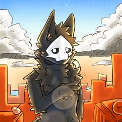  1:1 anthro building canid canine canis changed_(video_game) cloud digital_drawing_(artwork) digital_media_(artwork) half_body hi_res latex looking_at_viewer male mammal pose puro_(changed) redtale shaded signature sky star wolf 