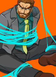  1boy absurdres bara beard bound bound_arms bound_legs brown_hair cleft_chin facial_hair frown full_beard highres hiwen-d looking_at_viewer male_focus mature_male necktie original short_hair sitting socks solo spread_legs suit thick_eyebrows 