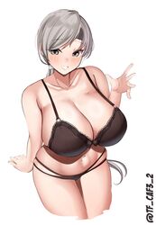  alternate_costume black_bra black_headband black_panties blush bra breasts chitose_(kancolle) cleavage collarbone commentary_request cowboy_shot cropped_legs female grey_eyes grey_hair headband highres huge_breasts kantai_collection legs_together looking_at_viewer medium_hair navel one-hour_drawing_challenge open_mouth panties simple_background smile solo teeth tf_cafe twitter_username underwear underwear_only white_background 