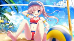  arm_behind_head armband ball beach beach_umbrella bikini blue_eyes blue_sky blue_umbrella blurry blurry_foreground breasts chair cleavage cloud collarbone day dot_nose fallen_down feet female film_grain game_cg hair_ornament hairclip hat high_ponytail himura_nagisa izumi_tsubasu lens_flare long_hair lounge_chair medium_breasts mountain navel non-circular_lens_flare non-web_source official_art on_ground one_eye_closed open_mouth outdoors palm_tree pink_hair playing_sports re:stage! red_bikini sky solo sparkle sports_bikini swimsuit tree two-tone_umbrella umbrella visor_cap volleyball volleyball_(object) volleyball_net white_hat yellow_armband yellow_umbrella 