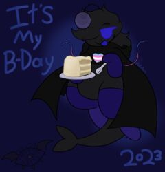  anglerfish anthro apollysabyss birthday birthday_cake bisexual_pride_colors black_swallower blue_eyes blue_tongue cake clothing cutlery dark_eyes dark_tongue dessert digital_media_(artwork) eating eating_food english_text female fish food gloomyfish_(apollysabyss) gloves handwear hi_res hooded_cloak kitchen_utensils legwear lgbt_pride lure_(anatomy) marine pride_colors solo spoon stockings text tongue tools trans_(lore) trans_woman_(lore) transgender_pride_colors 