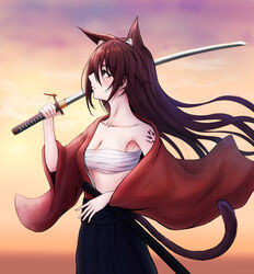  absurdres alternate_costume animal_ear_fluff animal_ears arknights bandages bandeau black_hair black_skirt breasts cat_ears cat_tail chest_sarashi cleavage collarbone commentary_request cowboy_shot female highres holding holding_sword holding_weapon japanese_clothes katana kimono long_sleeves material_growth melantha_(arknights) midriff namonaki_yuchan off_shoulder oripathy_lesion_(arknights) outdoors purple_eyes red_kimono sarashi scabbard sheath single_bare_shoulder skirt solo standing strapless sword tail tube_top weapon 