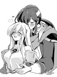  1boy bare_shoulders blush breasts brother_and_sister cape circlet closed_eyes female fire_emblem fire_emblem:_genealogy_of_the_holy_war greyscale headband holding hug hug_from_behind implied_incest jewelry julia_(fire_emblem) long_hair monochrome open_mouth ponytail seliph_(fire_emblem) siblings yukia_(firstaid0) 