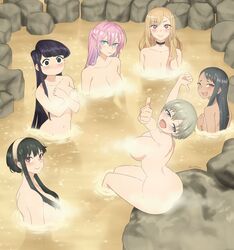  6+girls :d absurdres ass black_choker black_eyes blonde_hair blue_eyes boku_no_hero_academia breasts brown_eyes choker closed_mouth commentary completely_nude covering_breasts covering_privates crossover derivative_work dismaiden english_commentary grey_hair hairband highres ijiranaide_nagatoro-san kawaii_dake_ja_nai_shikimori-san kitagawa_marin komi-san_wa_komyushou_desu komi_shouko large_breasts long_hair multiple_crossover multiple_girls nagatoro_hayase nude oerba_yun_fang onsen orange_eyes parody partially_submerged pink_hair red_eyes same-sex_bathing scene_reference screenshot_redraw shared_bathing shikimori_(kawaii_dake_ja_nai) short_hair skin_fang small_breasts smile sono_bisque_doll_wa_koi_wo_suru spy_x_family steam tan trembling uzaki-chan_wa_asobitai! uzaki_hana white_hairband yor_briar 