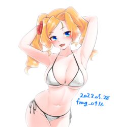  arms_behind_head bikini blonde_hair blue_eyes breasts cleavage cowboy_shot dated drill_hair female furaggu_(frag_0416) halterneck highres honolulu_(kancolle) honolulu_(swimsuit_mode)_(kancolle) kantai_collection large_breasts navel official_alternate_costume open_mouth side-tie_bikini_bottom simple_background solo string_bikini swimsuit twin_drills twintails twitter_username underwear white_background 