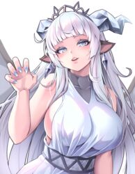  animal_ears bloody0rabby blue_eyes blue_nails blunt_bangs breasts daya_(trickcal) earrings female fingernails highres horns jewelry large_breasts long_hair looking_at_viewer nail_polish parted_lips shirt signature sleeveless sleeveless_shirt solo tiara trickcal white_hair 