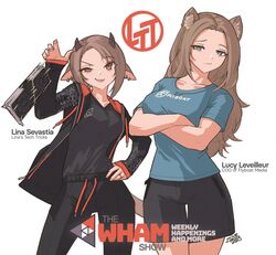  2girls animal_ears animification arm_up arms_under_breasts black_pants black_shirt black_shorts blue_eyes blue_shirt brand_name_imitation breasts brown_eyes brown_hair closed_mouth collarbone crossed_arms dated dropping earrings english_commentary english_text fangs genderswap_(mtf) gesugao graphics_card hand_on_own_hip highres hood hoodie horns jewelry light_brown_hair lina_sevastia linus_sebastian linus_tech_tips logo_parody lucy_leveilleur luke_lafreniere medium_breasts motion_blur motion_lines multiple_earrings multiple_girls nvidia open_clothes open_hoodie open_mouth original pants patterned_clothing pocket print_shirt ring rule_63 shirt shorts signature sweatpants t-shirt teeth upper_teeth_only white_background zhvo zipper zipper_pull_tab 