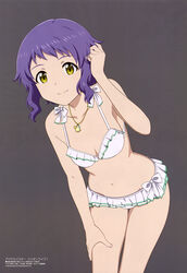  absurdres arm_up bare_arms bikini breasts cleavage closed_mouth collarbone female frilled_bikini frills grey_background hand_on_own_leg highres idolmaster idolmaster_million_live! jewelry leaning_forward looking_at_viewer makabe_mizuki megami_magazine necklace official_art purple_hair scan shirogumi_inc. short_hair sidelocks simple_background small_breasts smile solo standing swimsuit white_bikini yellow_eyes 