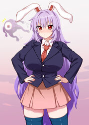  absurdres animal_ears black_jacket blazer blue_thighhighs breasts collared_shirt cyclops female hands_on_own_hips highres huge_breasts itou_yuuji jacket long_hair long_sleeves looking_at_viewer monster necktie one-eyed purple_hair rabbit_ears red_eyes red_necktie red_skirt reisen_udongein_inaba shirt skirt thighhighs touhou udonge_in_interspecies_cave very_long_hair white_shirt zettai_ryouiki 