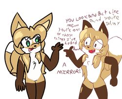  anthro averi_(fiddleafox) brown_body brown_fur canid canine clone dipstick_tail duo dynastylobster english_text female female_anthro fox fur gesture gloves_(marking) green_eyes hair hand_gesture hi_res leg_markings mammal markings multiple_styles pointing pointing_at_another red_fox simple_background socks_(marking) tail tail_markings text true_fox white_body white_fur 