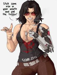  black_hair black_tank_top breasts brown_pants cigar cleavage commentary cyberpunk_(series) cyberpunk_2077 cyborg dog_tags english_text female finger_gun fingernails genderswap_(mtf) grin highres holding holding_cigar jewelry johnny_silverhand large_breasts long_fingernails mechanical_arms necklace pants plunging_neckline red-tinted_eyewear ring rule_63 single_mechanical_arm smile solo sunglasses tank_top tinted_eyewear yoracrab 