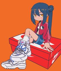  blue_hair blue_shorts box bra breasts closed_mouth female fila full_body hair_between_eyes hair_bun highres jacket long_hair long_sleeves looking_at_viewer nao97122 nike_(company) on_box open_clothes open_jacket orange_background orange_eyes original red_jacket ringed_eyes shoe_box shoes shorts side_ponytail sidelocks simple_background single_hair_bun sitting small_breasts sneakers socks solo straight_hair triple_vertical_stripe underwear white_bra white_footwear white_socks yin_yang yin_yang_print 