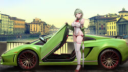  :d absurdres ahoge alternate_costume annotated ascot azur_lane bare_shoulders black_gloves breasts bridge canal car city cleavage cleavage_cutout closed_umbrella clothing_cutout commentary detached_collar elbow_gloves female fingerless_gloves florence_(city) full_body giuseppe_garibaldi_(azur_lane) gloves green_hair green_jacket high_heels highres holding holding_umbrella italy jacket jewelry kcar66t lamborghini lamborghini_gallardo large_breasts leotard long_hair looking_at_viewer motor_vehicle multicolored_hair off_shoulder open_mouth outdoors ponte_santa_trinita product_placement race_queen real_world_location red_ascot red_eyes red_footwear red_hair red_nails sidelocks skindentation smile solo spoiler_(automobile) sports_car standing streaked_hair thighhighs umbrella vehicle_focus white_leotard white_thighhighs zipper 