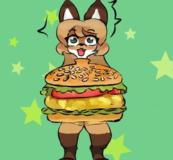  absurd_res anthro averi_(fiddleafox) brown_body brown_fur burger burger_costume canid canine cheeseburger_costume clothing costume female female_anthro food food_costume fox fur green_eyes hair hi_res leg_markings mammal markings red_fox simple_background socks_(marking) solo true_fox unknown_artist white_body white_fur 