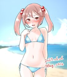  aqua_bikini beach bikini blue_sky breasts cloud dated day female furaggu_(frag_0416) hair_bobbles hair_ornament highres horizon kantai_collection medium_hair ocean one-hour_drawing_challenge outdoors pink_hair red_eyes sazanami_(kancolle) side-tie_bikini_bottom sky small_breasts solo swimsuit twintails twitter_username 