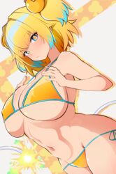  +_+ bikini blonde_hair blue_eyes blush bombergirl breasts cleavage clover-shaped_pupils club_(shape) collarbone commentary_request da_(da_3939) female fuse fuse_tail highres large_breasts lit_fuse looking_at_viewer multicolored_hair navel pine_(bombergirl) short_hair side-tie_bikini_bottom solo swimsuit symbol-shaped_pupils tail twintails two-tone_hair white_background yellow_bikini yellow_pupils 