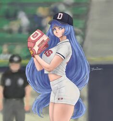  1boy alternate_costume baseball_cap baseball_mitt baseball_uniform blue_eyes blue_hair boku_no_hero_academia day dismaiden english_commentary female hadou_nejire hat highres long_hair outdoors shirt shorts solo_focus sportswear white_shirt white_shorts 