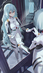  absurdres ass ayanami_rei black_bodysuit blue_hair bodysuit breasts closed_mouth commentary_request crack cracked_glass different_reflection evangelion:_3.0+1.0_thrice_upon_a_time female from_above hairpods hidulume highres indoors interface_headset light_blue_hair long_hair looking_at_mirror medium_breasts mirror neon_genesis_evangelion pilot_suit plugsuit rebuild_of_evangelion red_eyes reflection short_hair skin_tight solo standing two-tone_bodysuit very_long_hair white_bodysuit 