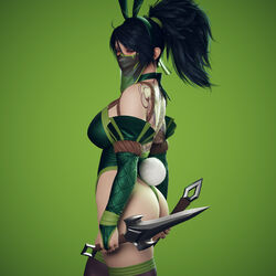  3d absurdres akali alternate_costume animal_ears ass back_tattoo black_hair blender_(medium) breasts bridal_gauntlets commentary cowboy_shot dagger dragon_tattoo dual_wielding english_commentary fake_animal_ears fake_tail female from_side green_background green_hairband green_leotard hairband high_ponytail highleg highleg_leotard highres holding holding_dagger holding_knife holding_weapon knife large_breasts league_of_legends leotard long_hair looking_at_viewer mask mouth_mask mouth_veil playboy_bunny ponytail rabbit_ears rabbit_tail red_eyes ryanreos see-through shoulder_tattoo sideways_glance simple_background solo tail tattoo thighhighs veil weapon 