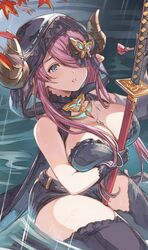  bare_shoulders bikini black_bikini black_coat black_gloves black_shorts black_thighhighs blue_eyes breasts butterfly_hair_ornament cleavage coat draph female fingerless_gloves gloves granblue_fantasy hair_ornament hair_over_one_eye highres holding holding_sword holding_weapon hood horns jewelry katana lace-trimmed_legwear lace_trim large_breasts long_hair looking_at_viewer narmaya_(granblue_fantasy) narmaya_(the_black_butterfly)_(granblue_fantasy) necklace nyapanu official_alternate_costume open_mouth partially_submerged pointy_ears shorts sleeveless sleeveless_coat solo swimsuit sword thighhighs thighs weapon 