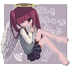  ! !! @_@ angel angel_wings barefoot black_skirt blush border closed_mouth feathered_wings female from_side full_body grey_sweater_vest hair_over_one_eye halo hands_up kanikan knees_up long_hair long_sleeves looking_at_viewer looking_to_the_side miniskirt one_eye_covered original outline outside_border own_hands_together plaid plaid_skirt pleated_skirt polka_dot polka_dot_background purple_background red_eyes red_hair shirt sitting skirt solo steepled_fingers sweater_vest toes translation_request twintails white_border white_outline white_shirt white_wings wi-fi_symbol wings 