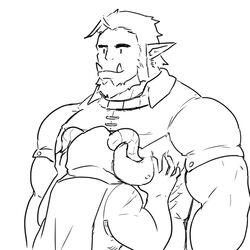  2boys bara bare_pectorals beard between_pectorals blank_stare cropped_shirt curled_horns face_to_pecs facial_hair full_beard grabbing greyscale head_between_pecs head_between_pecs_(meme) horns kaiiak_(furrykaiiak) large_pectorals looking_ahead loose_hair_strand male_focus mature_male meme monochrome multiple_boys muscular muscular_male orc original pectoral_grab pectorals short_hair size_difference solid_oval_eyes solo_focus tusks upper_body yaoi 