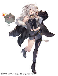  ahoge animal_ear_piercing animal_ears arm_at_side artist_request bare_shoulders black_footwear black_jacket black_nails black_pantyhose black_shirt boots breasts claw_pose cleavage commentary_request company_name crop_top double-parted_bangs fangs female fingernails full_body fur-trimmed_jacket fur_trim granblue_fantasy grey_eyes grey_hair grey_skirt hair_between_eyes high_heel_boots high_heels highres hololive jacket jewelry large_breasts lion_ears lion_girl lion_tail long_fingernails long_hair long_sleeves looking_at_viewer messy_hair midriff miniskirt nail_polish navel necklace o-ring o-ring_thigh_strap off_shoulder official_art open_clothes open_jacket open_mouth panty_straps pantyhose second-party_source see-through see-through_cleavage sharp_fingernails shirt shishiro_botan shishiro_botan_(1st_costume) side_slit sidelocks simple_background single_leg_pantyhose skin_tight skirt sleeveless sleeveless_shirt smile solo ssrb_(shishiro_botan) standing standing_on_one_leg tail thigh_strap torn_clothes torn_pantyhose two_side_up virtual_youtuber white_background zipper_skirt 