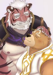  absurd_res anthro bear blush brown_body brown_fur crave_saga duo english_text felid fur gabu_(crave_saga) headpat hi_res male male/male mammal mature_male muscular muscular_anthro muscular_male nipples overweight pantherine pecs remaias_(crave_saga) satopu_v2 striped_body striped_fur stripes text tiger 