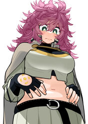  absurdres belt blush breasts cape embarrassed female fingerless_gloves gloves green_eyes hand_on_own_stomach hand_tattoo highres kanke_(kank06020602) large_breasts long_hair looking_down mamayuyu messy_hair navel pink_hair plump skirt tattoo wool_pool_elysia 