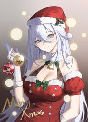  absurdres bare_shoulders blue_eyes breasts cecilia_schariac christmas_ornaments cleavage commentary_request detached_sleeves dress earrings female gloves hat highres honkai_(series) honkai_impact_3rd jewelry large_breasts looking_at_viewer merry_christmas puffy_short_sleeves puffy_sleeves red_dress santa_costume santa_dress santa_hat short_sleeves simple_background smile tutou_jiang white_gloves white_hair 