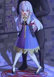  1boy absurdres arms_behind_back black_footwear bondage bondage bondage bound bound_arms cailin020 commission dress english_commentary faceless faceless_male female fire_emblem fire_emblem:_three_houses highres long_hair long_sleeves lysithea_von_ordelia open_mouth pantyhose purple_dress purple_eyes red_rope restrained rope second-party_source shibari_over_clothes solo_focus white_hair white_pantyhose 