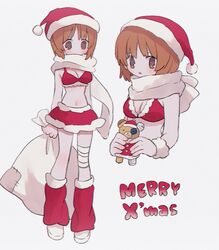  bikini boko_(girls_und_panzer) breasts brown_eyes brown_hair cleavage closed_mouth female girls_und_panzer hat highres holding holding_sack holding_stuffed_toy looking_at_viewer medium_breasts merry_christmas multiple_views navel nishizumi_miho parted_lips red_bikini red_headwear red_leg_warmers red_skirt ri_(qrcode) sack santa_bikini santa_hat short_hair simple_background skirt stuffed_animal stuffed_toy swimsuit teddy_bear white_background 