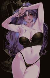  armpits bare_shoulders black_bra black_panties blush bra breasts cleavage collarbone female garofano_(path_to_nowhere) holding holding_needle large_breasts lingerie long_hair looking_at_viewer mamaloni mole mole_on_breast mole_under_mouth navel needle panties path_to_nowhere purple_hair seductive_smile smile statue sweat underwear white_hair 