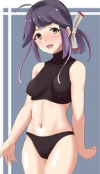  ahoge black_panties black_sports_bra blush breasts cowboy_shot crop_top female grey_background grey_hair hair_ribbon hayanami_(kancolle) highres kantai_collection looking_at_viewer navel panties ponytail purple_hair ribbon shirt short_hair side_ponytail simple_background smile solo sports_bra sportswear tirasi_(so) underwear white_background white_ribbon yellow_eyes 