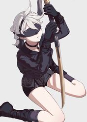  1boy 9s_(nier:automata) 9s_(nier:automata)_(cosplay) androgynous backpack bag bare_legs black_bag black_blindfold black_choker black_footwear black_gloves black_hairband black_shirt black_shorts black_socks blindfold boots chinese_commentary choker collarbone commentary cosplay cruel_oath foot_out_of_frame gloves grey_background hairband highres holding holding_sword holding_weapon ikooto111 katana kneehighs male_focus nier nier:automata nier_(brother) nier_(series) ponytail shirt shorts sitting socks solo spiked_hair sword tassel wariza weapon white_hair 