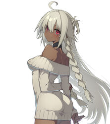  10mo ahoge arms_behind_back ass bare_shoulders braid breasts choker closed_mouth dark-skinned_female dark_skin dress fate/grand_order fate_(series) female from_behind from_side highres lakshmibai_(fate) long_hair looking_at_viewer looking_back medium_breasts off-shoulder_sweater off_shoulder red_eyes short_dress sidelocks smile solo sweater sweater_dress thighs twin_braids very_long_hair white_hair white_sweater 