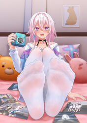  absurdres andy2465 bed_sheet camera collarbone convenient_leg feet female foot_focus foreshortening full_body gradient_eyes hair_between_eyes hair_intakes hand_up highres holding holding_camera honkai:_star_rail honkai_(series) indoors knees_up legs_together long_sleeves looking_at_viewer march_7th_(honkai:_star_rail) march_7th_(preservation)_(honkai:_star_rail) medium_hair multicolored_eyes nail_polish no_shoes on_bed open_mouth pantyhose photo_(object) pillow pink_hair purple_eyes see-through see-through_legwear sitting soles solo teeth toenails toes upper_teeth_only white_pantyhose 