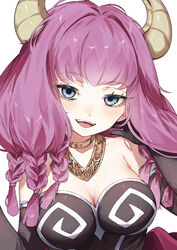  absurdres adjusting_hair armpit_crease aura_(sousou_no_frieren) blue_eyes blush braid breasts cleavage collarbone demon_horns elbow_gloves female gloves gorget highres horns ika_esu jewelry large_breasts looking_at_viewer medium_hair multiple_braids neck_ring open_mouth purple_hair simple_background solo sousou_no_frieren white_background 